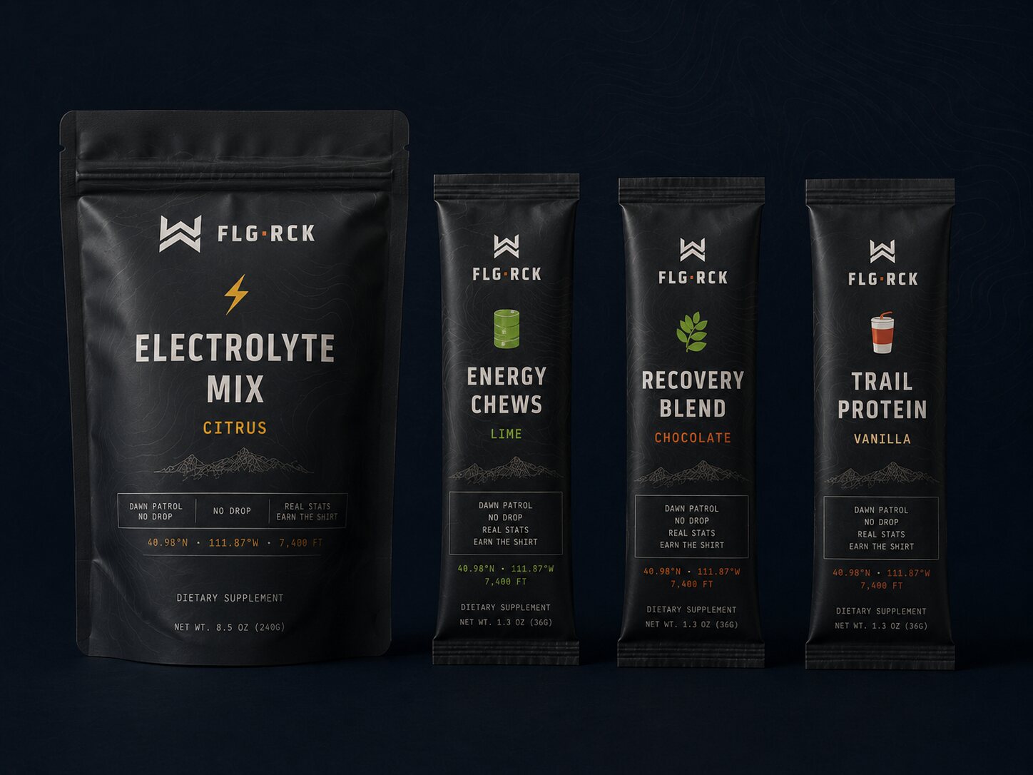 FLG·RCK fuel lineup — Electrolyte Mix, Energy Chews, Recovery Blend, Trail Protein